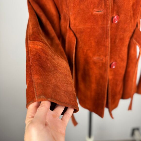Vintage 70s Rust Suede Leather Jacket | Retro Belted Coat | Made in Korea - Picture 14 of 15